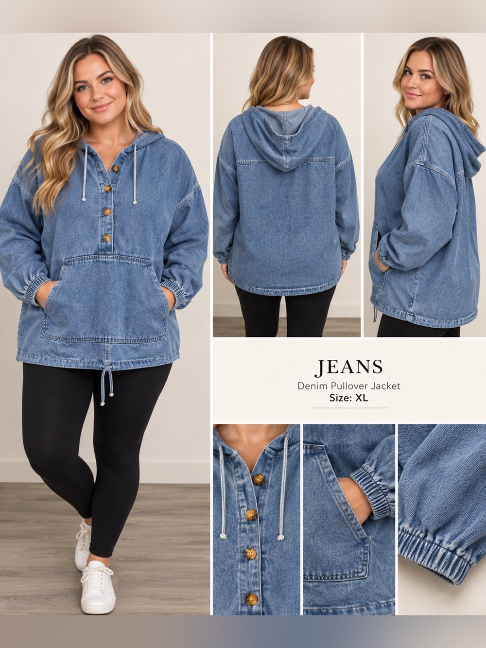 Denim Hooded Pullover Jacket - Blue